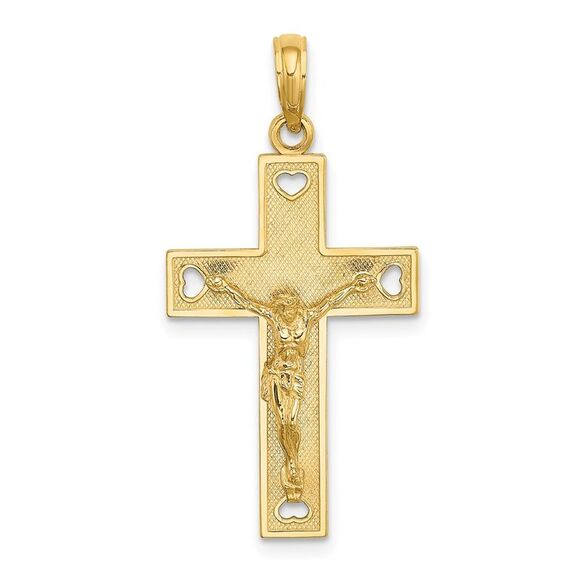 14k Yellow Gold Cut-Out Heart w/I LOVE JESUS on Reverse Crucifix Charm